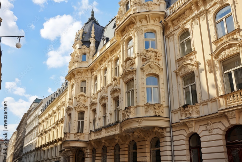 Fototapeta premium Ornate art nouveau architecture graces a european street, showcasing intricate facades and a majestic dome against a vibrant sky