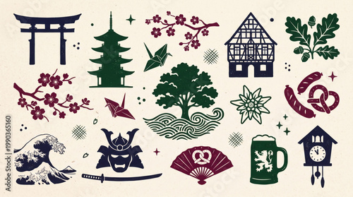 Collection of japanese and german traditional culture symbols and icons