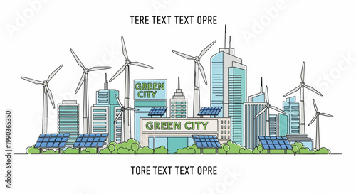 Modern eco friendly green city illustration with renewable energy sources.