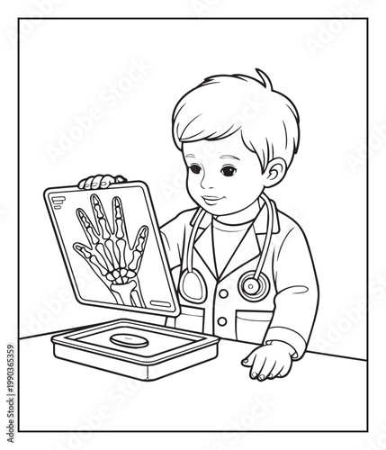 Medical student activity book of a cute doctor seeing a report in hospital black line art vector illustration coloring page for kids and adults