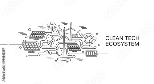 Clean tech ecosystem concept with solar panels and wind turbines line art illustration.