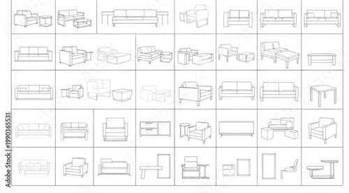 Set of furniture icons, line art drawings of sofas, armchairs, and coffee tables