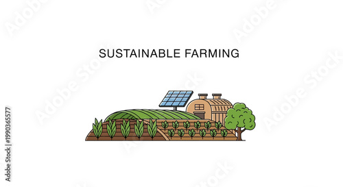 Sustainable farming greenhouse with solar panels and eco friendly infrastructure.