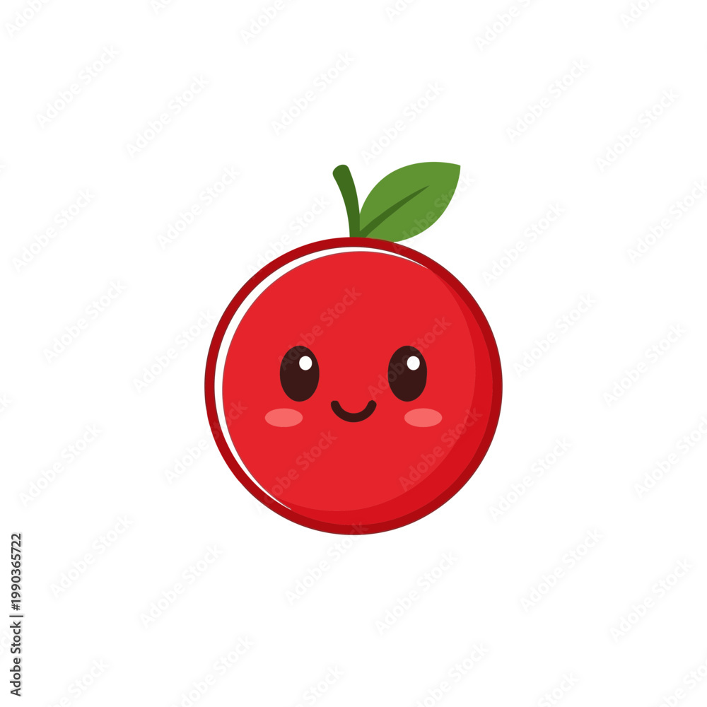 Obraz premium A cute cartoon cherry with a smiling face and green leaf on top