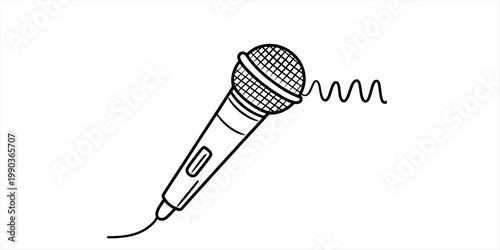 A simple black and white line drawing of a classic handheld vocal microphone with a cord attached Vector, illustration