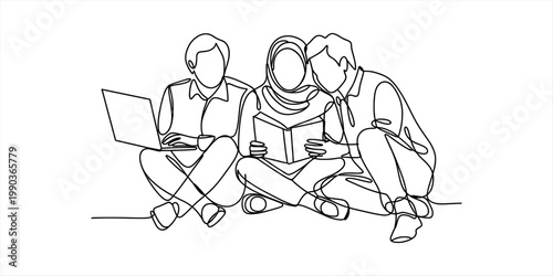 A continuous line art illustration of three young students studying together on the floor area Vector, illustration