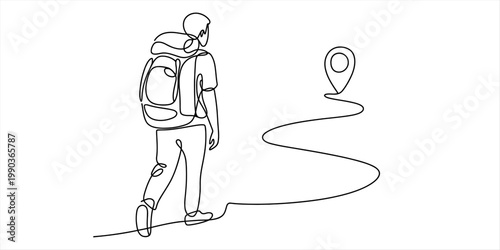 A continuous line drawing of a backpacker walking towards a destination marked by a pin icon Vector, illustration