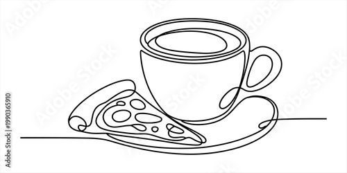 Continuous line art illustration featuring a cup of coffee next to a single slice of pepperoni pizza Vector, illustration