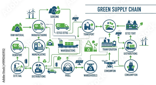 Green Supply Chain Infographic Diagram Illustrating Sustainable Logistics and Eco-Friendly Manufacturing Processes.