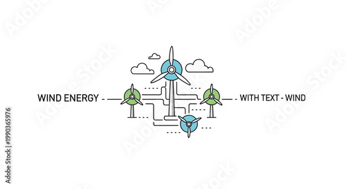 Wind energy power plant infographic illustration with wind turbine icons and connected network lines.