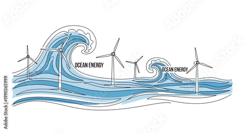 Ocean Energy Concept with Offshore Wind Turbines and Sea Waves Illustration.