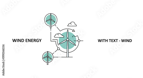 Wind Energy Concept Illustration Featuring Wind Turbines and Green Energy Symbols.