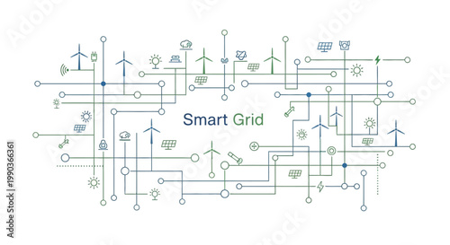 Smart grid conceptual diagram with interconnected energy nodes and power generation icons.