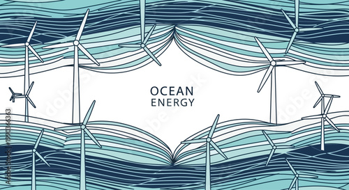 Offshore wind turbines illustration for ocean energy generation concept.