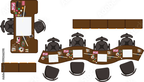 Top view nail salon furniture 2 table with chair manicure salon interior nail polish nail art above vector