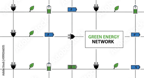 Green energy network conceptual grid with renewable icons.