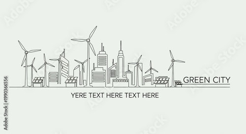 Minimalist outline drawing of a green city with wind turbines and solar panels.