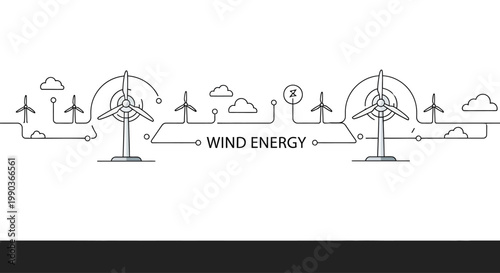 Wind Energy Concept Illustration with Linear Wind Turbines and Sustainable Power Icons.