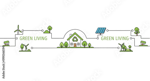 Green living concept illustration with eco friendly house and renewable energy sources.