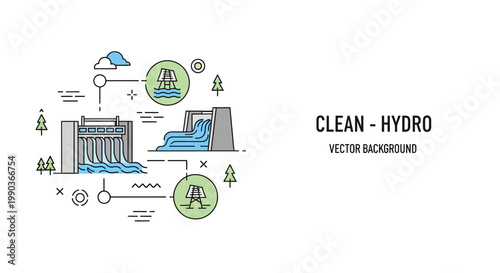 Clean Hydroelectric Power Plant Infographic Concept with Outline Icons.