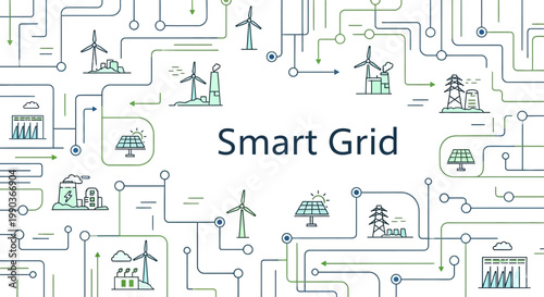 Smart Grid Energy Infrastructure Illustration with Renewable Power Icons.