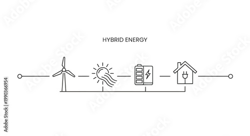 Hybrid energy system diagram with renewable power generation and storage icons.