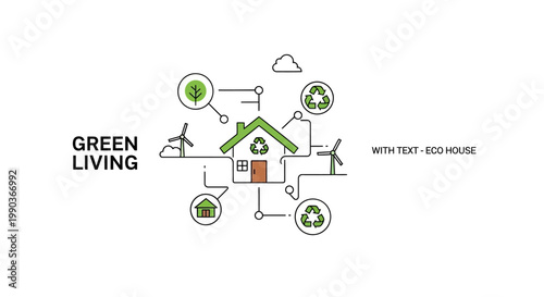 Eco friendly house concept with green energy icons and sustainability elements.