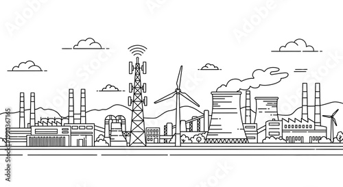 Industrial landscape sketch featuring factories power plants and communication towers.