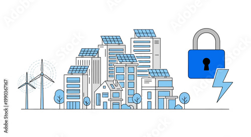 Eco friendly smart city energy security concept with renewable power and padlock.