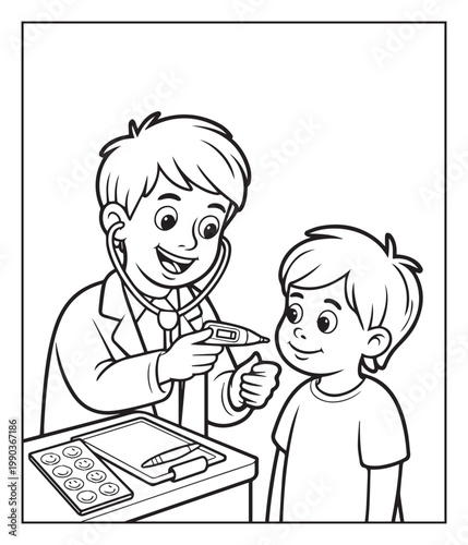 Medical student activity book of a cute doctor and patient in hospital black line art vector illustration coloring page for kids and adults