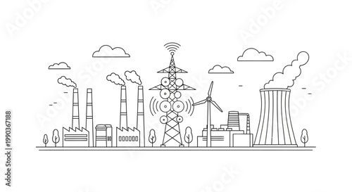 Industrial power plant and energy generation facility sketch.