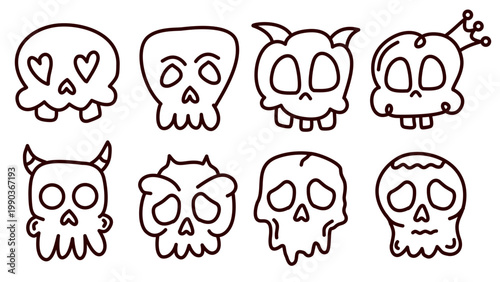 Assorted human skull sketches featuring diverse expressions and unique decorative head shapes