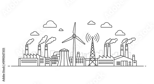 Outline illustration of industrial landscape with wind turbine and communication tower.