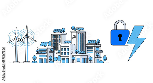 Sustainable energy infrastructure protection and cybersecurity concept illustration.