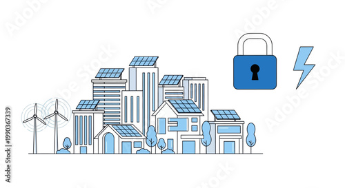 Smart city concept with renewable energy and secure power supply illustration.