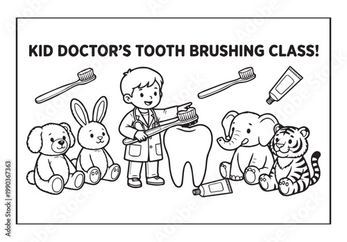 Medical student activity book of a cute dentist with animals patient in hospital black line art vector illustration coloring page for kids and adults