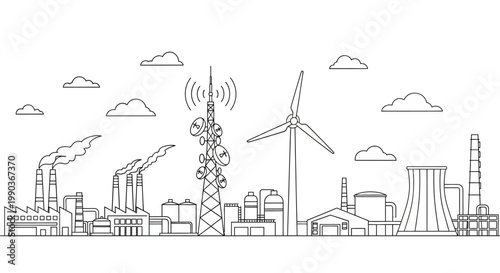 Industrial cityscape outline with energy production and communication infrastructure.