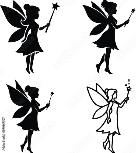 Black silhouettes of fairies with wands and stars fairy white magic