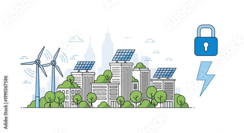 Eco friendly smart city concept with green energy and security.