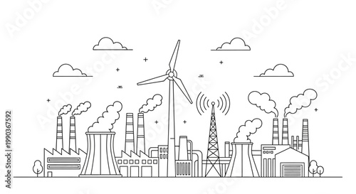 Industrial power plant complex with wind turbine and communication tower.