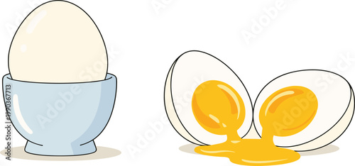 Boiled egg and broken egg with runny yolk vector illustration, protein rich breakfast food isolated on white background, simple healthy meal concept for cafe menu and nutrition design