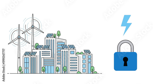 Sustainable city with wind turbines and solar panels protected by energy security lock.