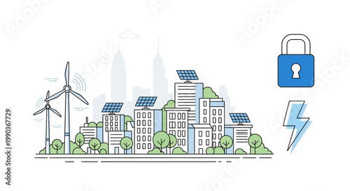 Sustainable green energy city concept with secure power supply illustration.