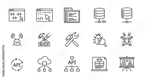 Collection of hand-drawn icons representing software development and technology concepts.