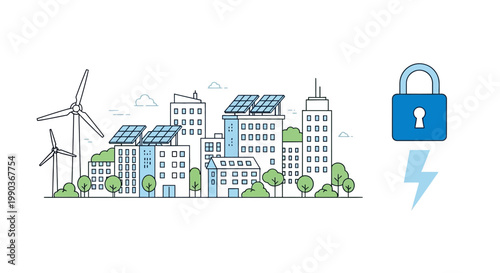 Eco-friendly sustainable city skyline with secure energy supply concept.