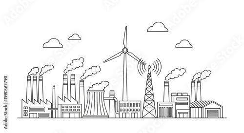 Hand drawn doodle illustration of industrial factory and energy power plant.