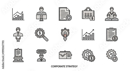 Corporate Strategy Icons Representing Business Growth and Planning.