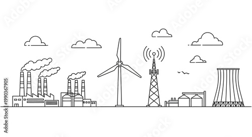 Industrial power generation and communication infrastructure line art panorama.