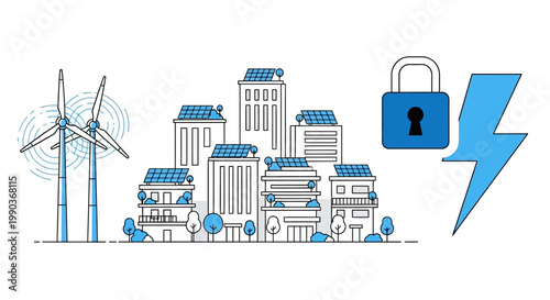 Illustration of sustainable energy city security with wind turbines and solar panels.