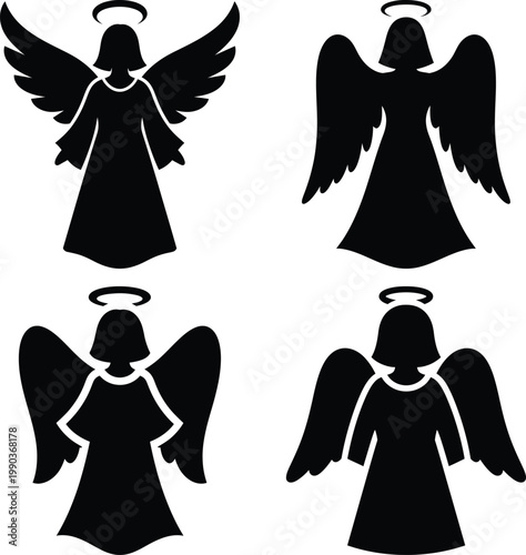 Four black angel silhouettes with halos on white background